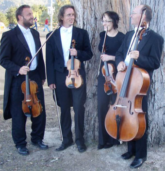 Quartet from April concert; David Wicks,viola, Chris Nichols and Miranda Carsons, violins, and Ivan James, cello
